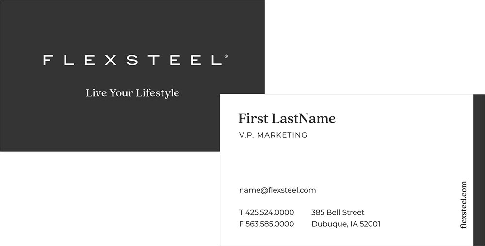 Flexsteel sample business card. Black front with Flexsteel logo and the tagline Live Your Lifestyle. White back with name, title, email, phone, and company address.