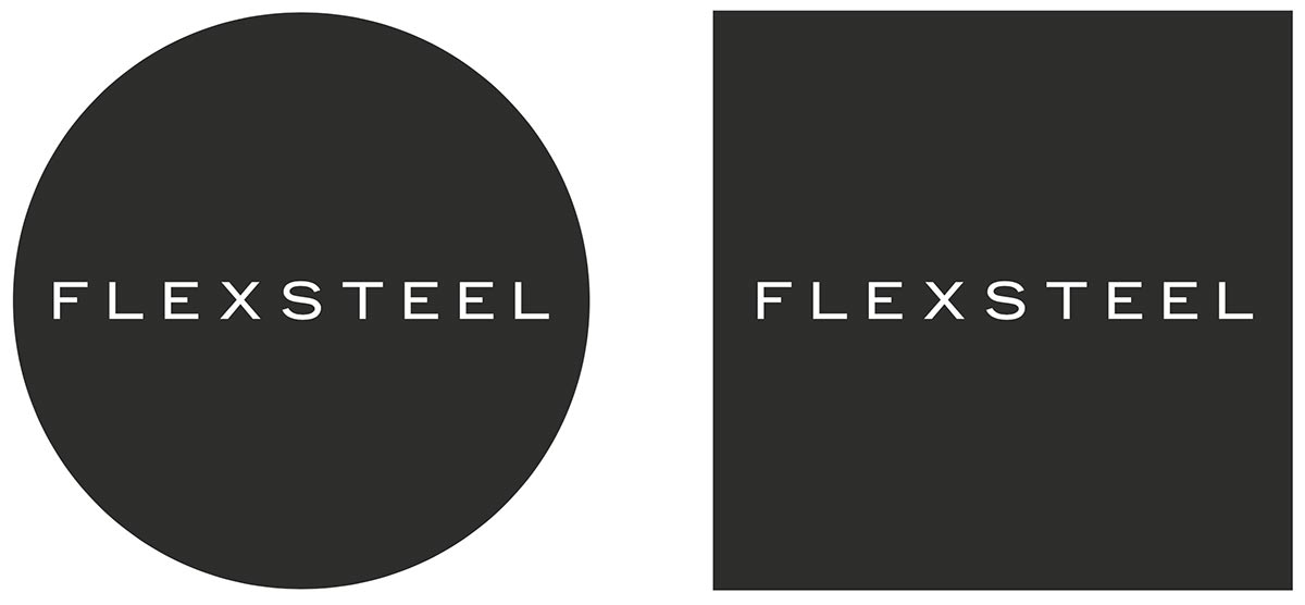 Flexsteel brand social media profile images. Two shown with a black background: a circle with the Flexsteel logo in the center and a square with the Flexsteel logo in the center.